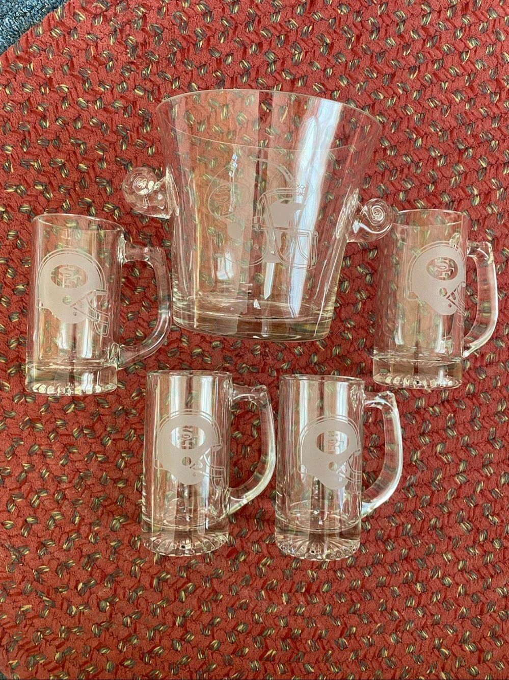 San Francisco 49ers glass ice bucket and 4 beer mug vintage collectors set